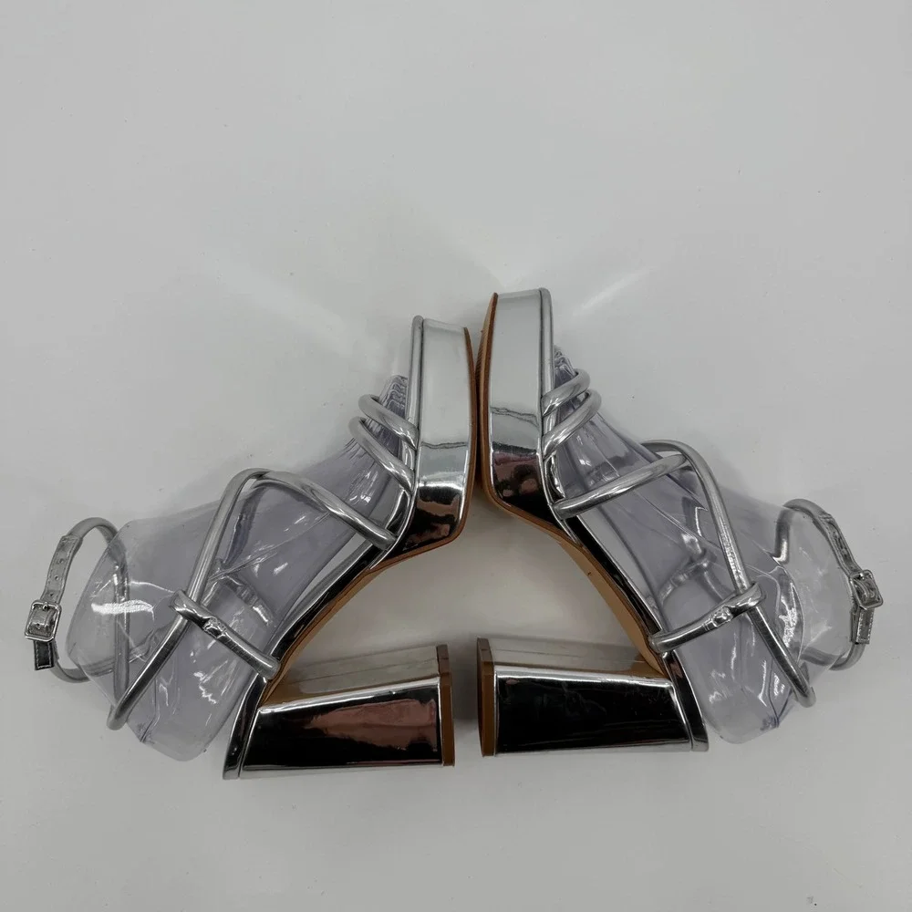 Marc Fisher Godea Silver Metallic Platform Block Heel Strappy Sandals Womens 8M
